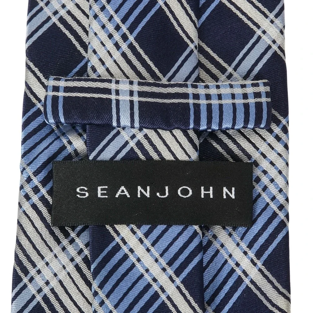 Sean John Men's 100% Silk Necktie Designer Plaid Navy/Light Blue/Silver‎ EUC